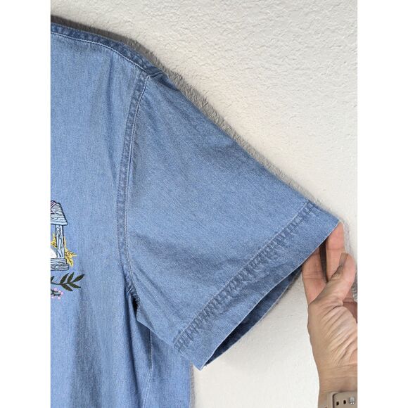 Vintage Denim Cat Embroidered Button Done Shirt Sz L Short Sleeve Casual Grandma - Picture 6 of 8
